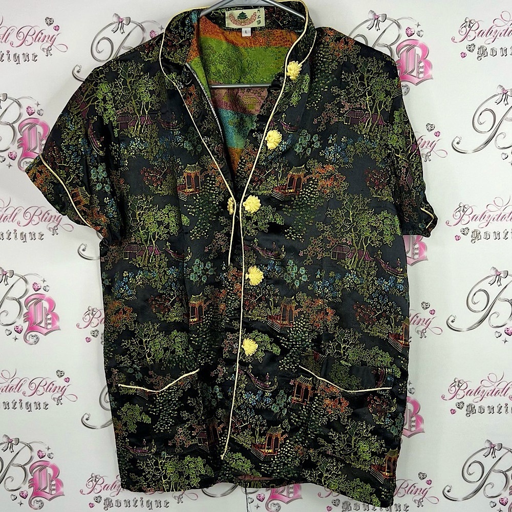 Floral button up shiny shimmer embroidered Japanese Short Sleeve Button-Up Shirt